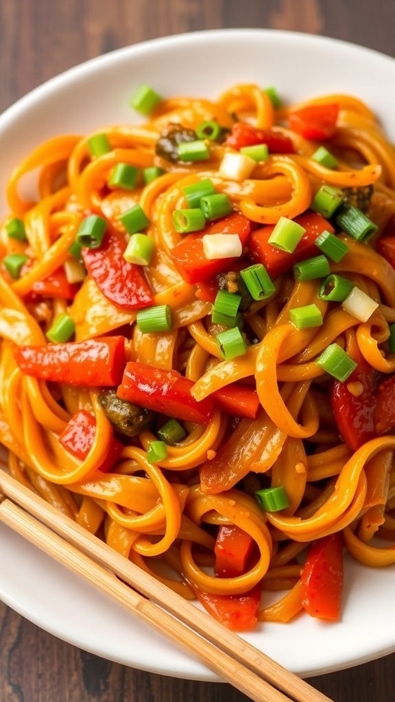 Vegetable Noodles Manchurian Recipe A plate of Vegetable Noodles Manchurian with stir-fried noodles and colorful vegetables, garnished with spring onions.